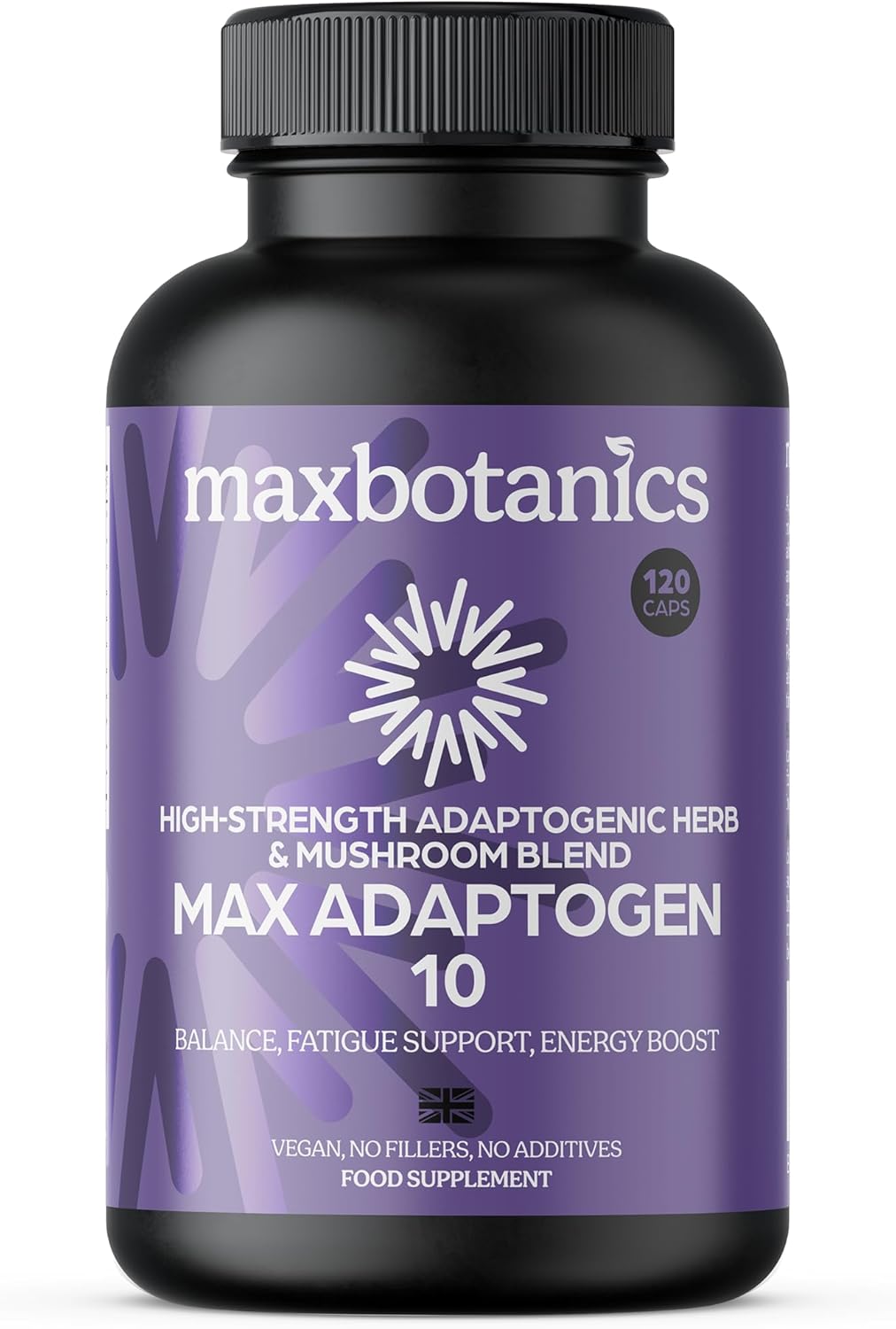 Max Adaptogen 10 Balance, Fatigue, Energy Boost & Stress Support 10-Herb Adaptogen High Strength Mushroom Blend with Ashwagandha, Rhodiola & Ginseng Natural Vegan UK Made (60 Capsules)