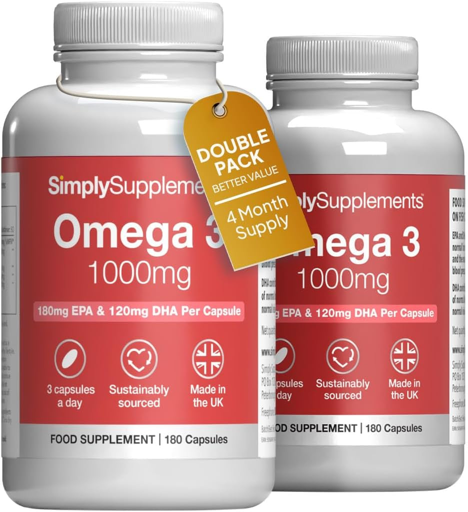 Pure Omega 3 1000Mg Capsules | Supports Heart, Brain & Eye Health | Rich in Omega 3 Fatty Acids | 540Mg of EPA and 360Mg of DHA per Serving | 180 Capsules = 2 Months’ Supply | Made in the UK