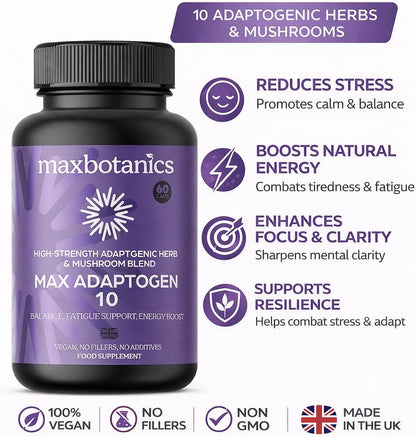 Max Adaptogen 10 Balance, Fatigue, Energy Boost & Stress Support 10-Herb Adaptogen High Strength Mushroom Blend with Ashwagandha, Rhodiola & Ginseng Natural Vegan UK Made (60 Capsules)