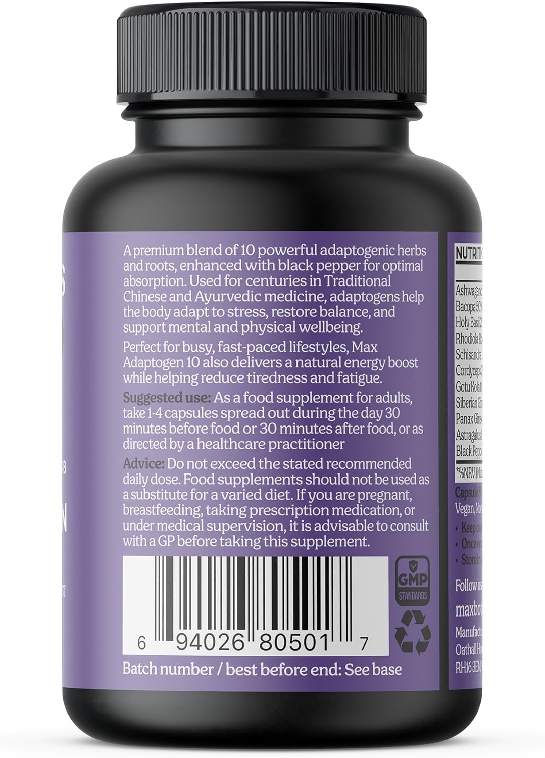 Max Adaptogen 10 Balance, Fatigue, Energy Boost & Stress Support 10-Herb Adaptogen High Strength Mushroom Blend with Ashwagandha, Rhodiola & Ginseng Natural Vegan UK Made (60 Capsules)