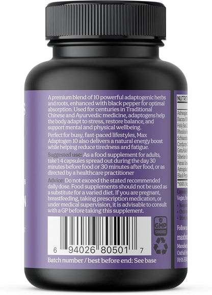 Max Adaptogen 10 Balance, Fatigue, Energy Boost & Stress Support 10-Herb Adaptogen High Strength Mushroom Blend with Ashwagandha, Rhodiola & Ginseng Natural Vegan UK Made (60 Capsules)