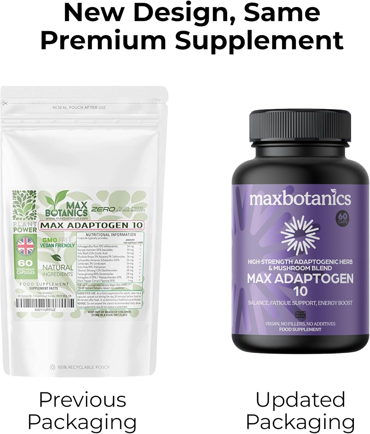 Max Adaptogen 10 Balance, Fatigue, Energy Boost & Stress Support 10-Herb Adaptogen High Strength Mushroom Blend with Ashwagandha, Rhodiola & Ginseng Natural Vegan UK Made (60 Capsules)