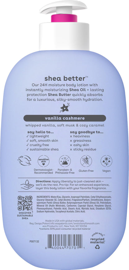 eos Shea Better Body Lotion Vanilla Cashmere, 24-Hour Moisture Skin Care, Lightweight & Non-Greasy, Natural Shea, Vegan, Vanilla Body Lotion, 16 fl oz