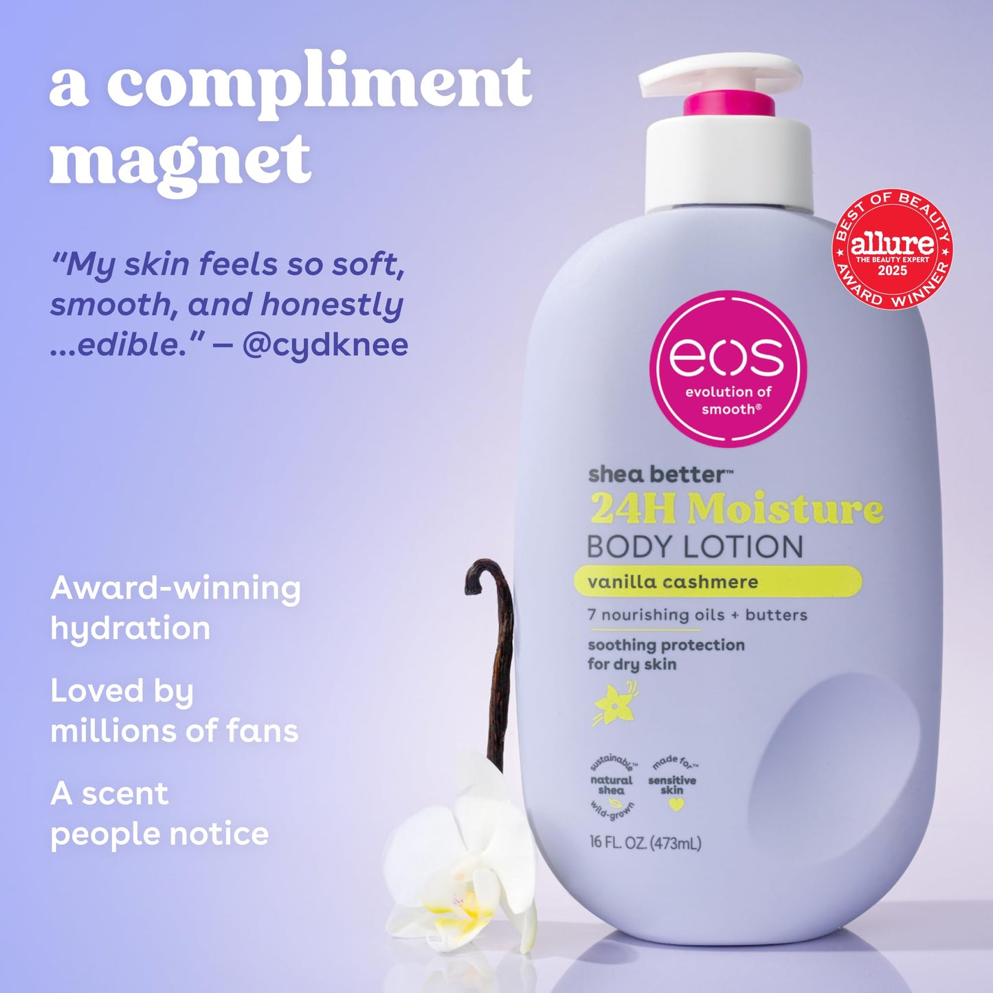 eos Shea Better Body Lotion Vanilla Cashmere, 24-Hour Moisture Skin Care, Lightweight & Non-Greasy, Natural Shea, Vegan, Vanilla Body Lotion, 16 fl oz