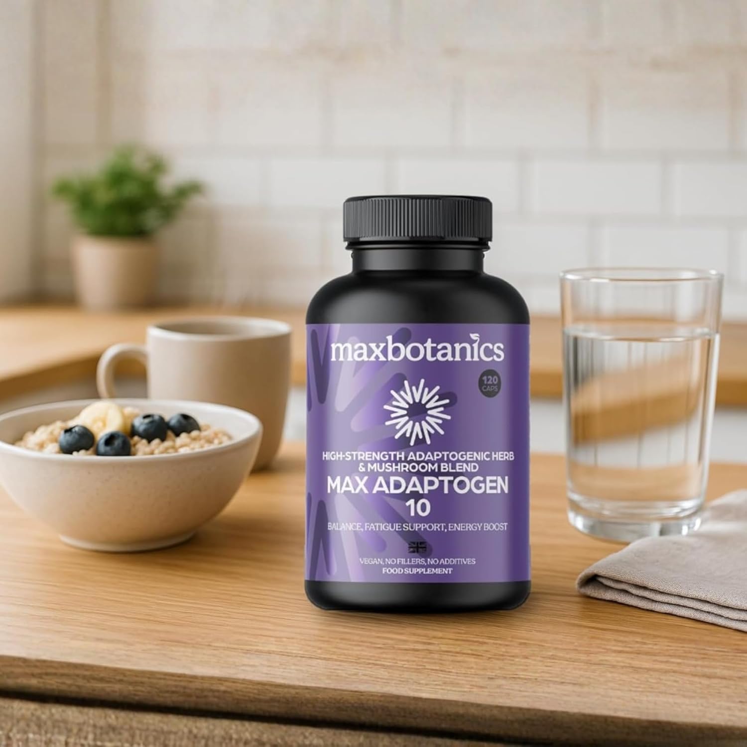 Max Adaptogen 10 Balance, Fatigue, Energy Boost & Stress Support 10-Herb Adaptogen High Strength Mushroom Blend with Ashwagandha, Rhodiola & Ginseng Natural Vegan UK Made (60 Capsules)