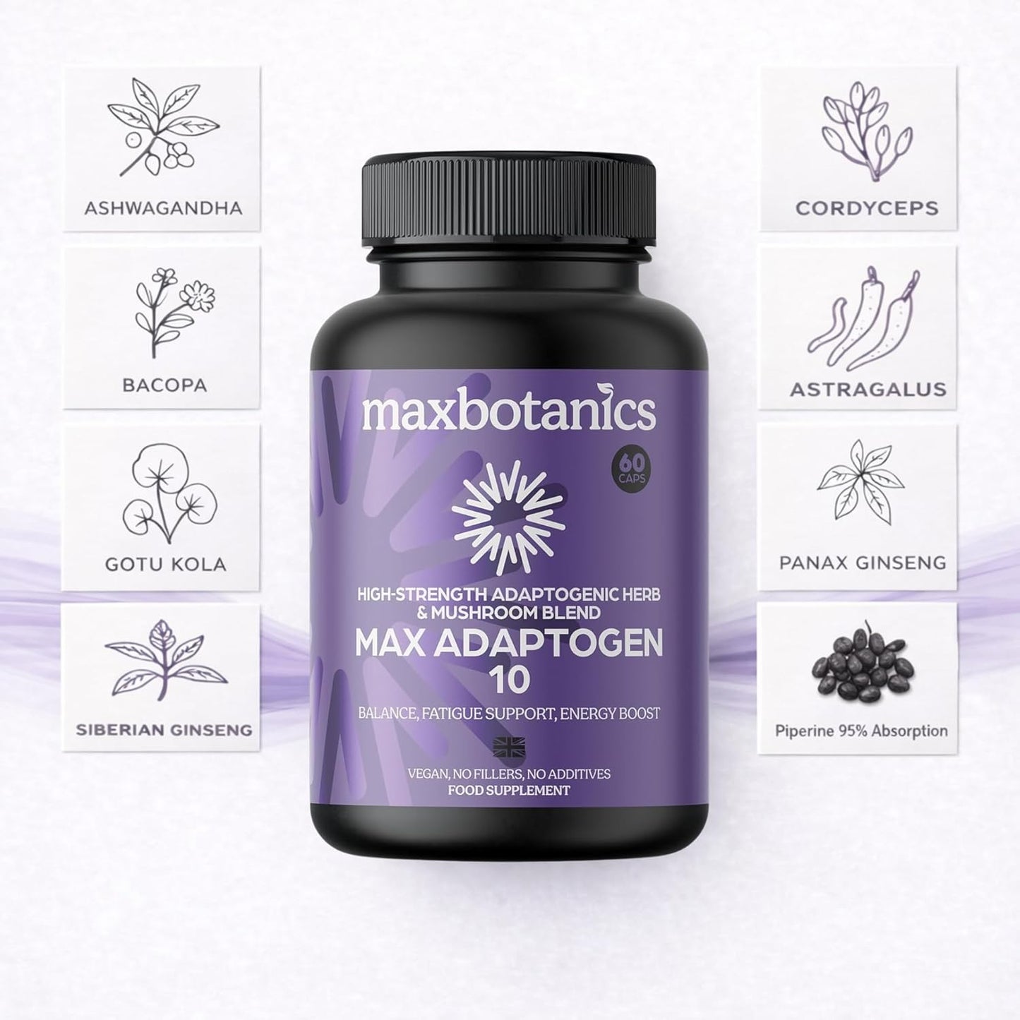 Max Adaptogen 10 Balance, Fatigue, Energy Boost & Stress Support 10-Herb Adaptogen High Strength Mushroom Blend with Ashwagandha, Rhodiola & Ginseng Natural Vegan UK Made (60 Capsules)
