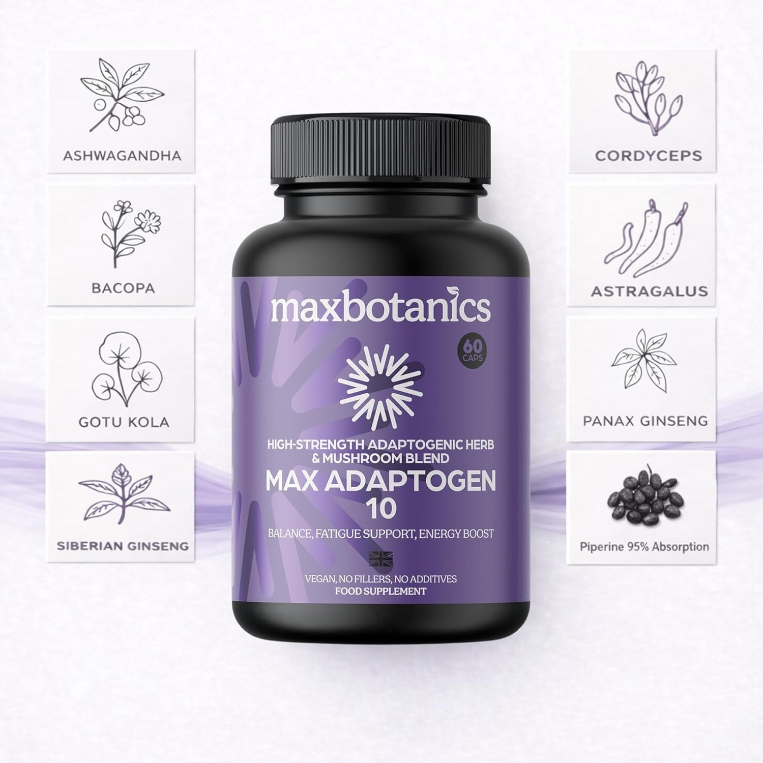Max Adaptogen 10 Balance, Fatigue, Energy Boost & Stress Support 10-Herb Adaptogen High Strength Mushroom Blend with Ashwagandha, Rhodiola & Ginseng Natural Vegan UK Made (60 Capsules)