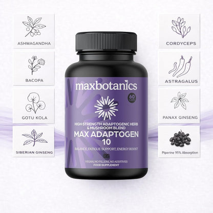 Max Adaptogen 10 Balance, Fatigue, Energy Boost & Stress Support 10-Herb Adaptogen High Strength Mushroom Blend with Ashwagandha, Rhodiola & Ginseng Natural Vegan UK Made (60 Capsules)