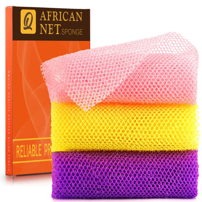 Esponja de baño africana de 3 piezas red africana esponja de baño de red larga exfoliante de ducha exfoliante para la espalda depurador de la piel ideal para uso diario (azul negro blanco roto)