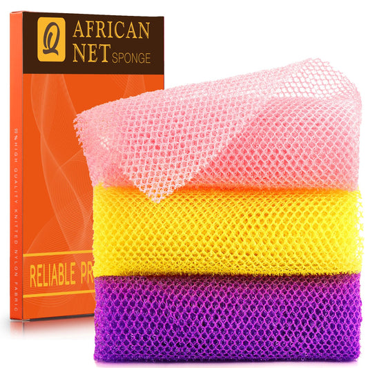 Esponja de baño africana de 3 piezas red africana esponja de baño de red larga exfoliante de ducha exfoliante para la espalda depurador de la piel ideal para uso diario (azul negro blanco roto)