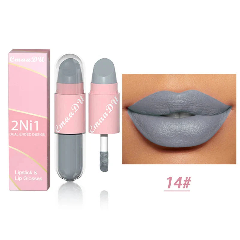 18 Colors 2 in 1 Matte Lipstick Liquid Purple Lip Glaze Double Head Lip Makeup Lasting Waterproof Velvet Sexy Dark Red Lipsticks